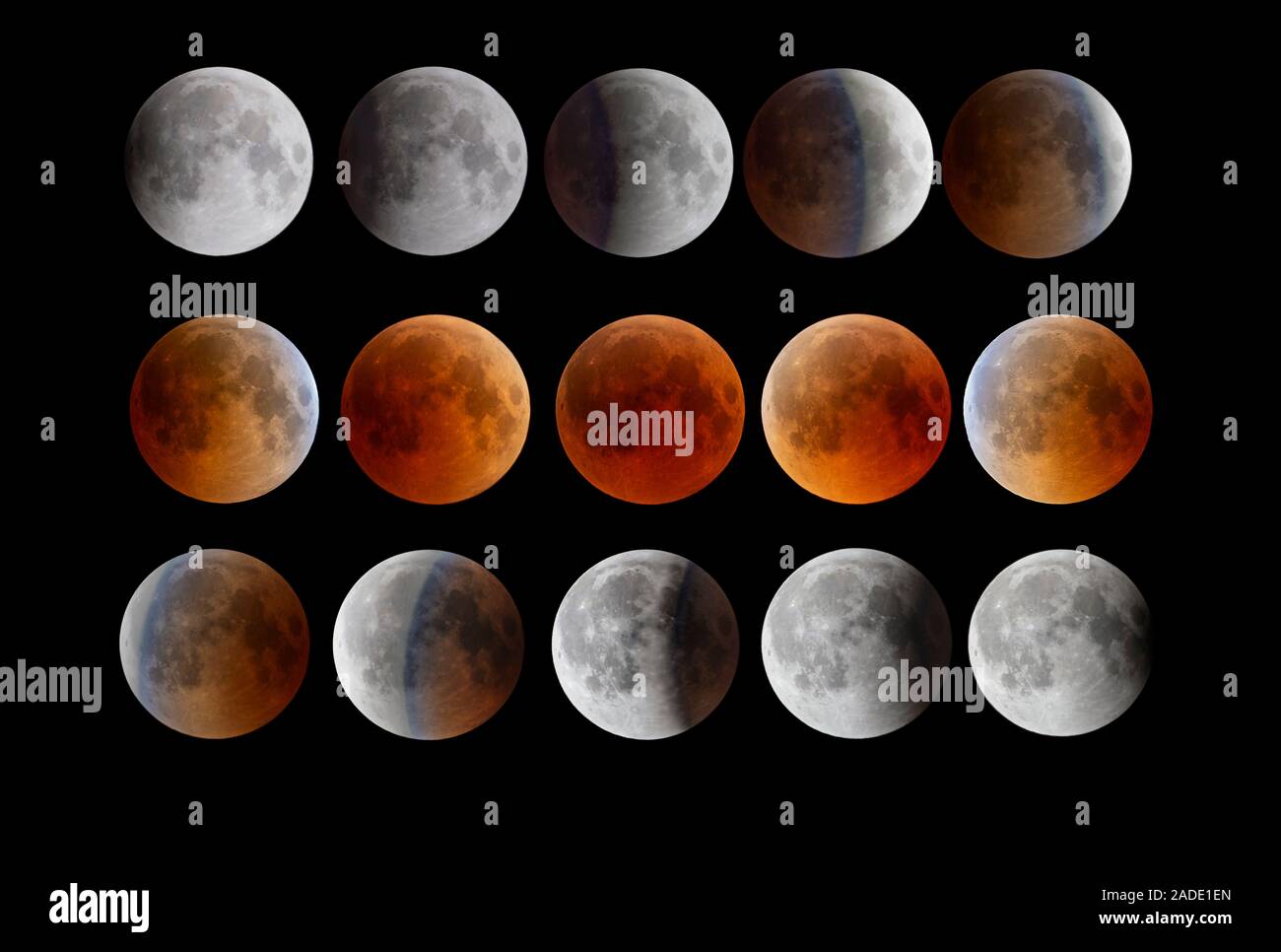 Total lunar eclipse of July 2018. Time-lapse montage of fifteen images ...