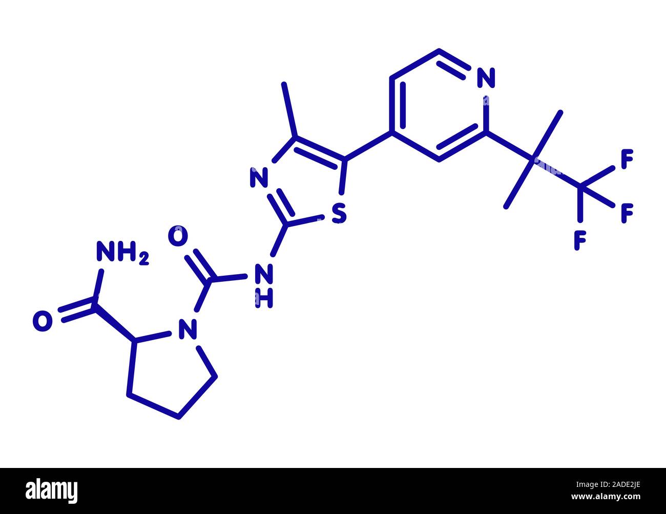 Alpelisib cancer drug molecule (PI3K inhibitor). Blue skeletal formula