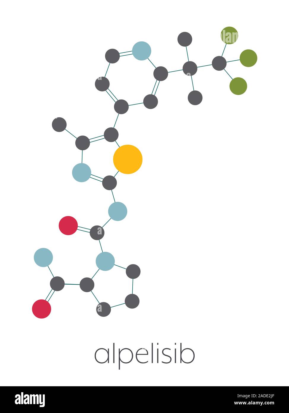 Alpelisib cancer drug molecule (PI3K inhibitor). Stylized skeletal