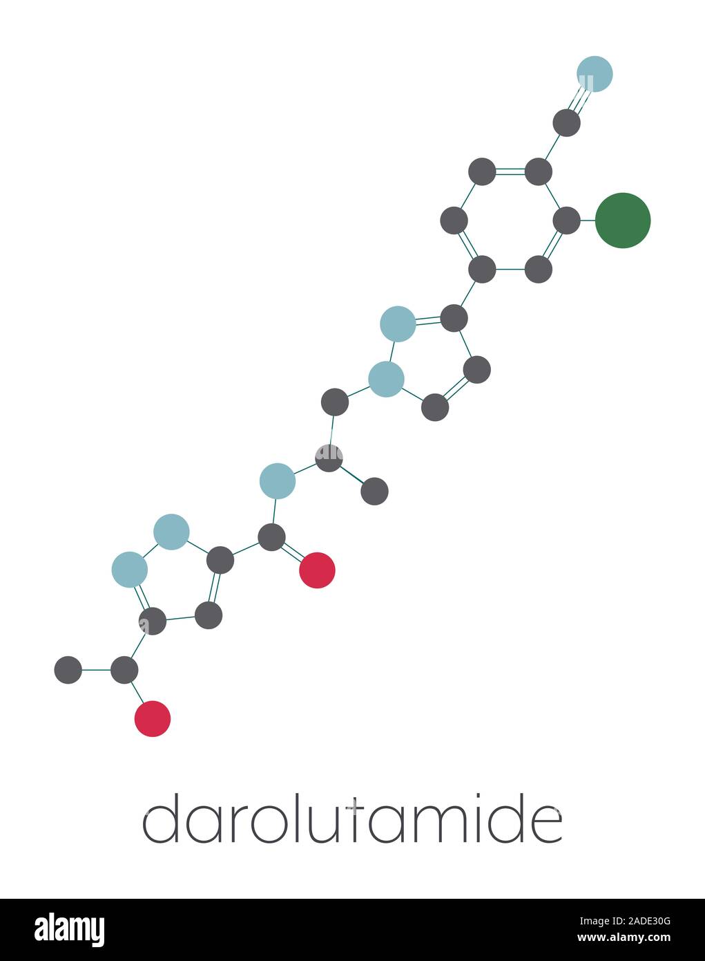 Darolutamide prostate cancer drug molecule. Stylized skeletal formula (chemical structure): Atoms are shown as color-coded circles connected by thin b Stock Photo