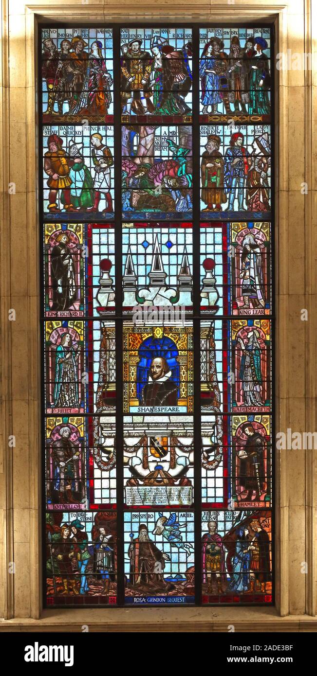 Manchester Central library,Shakespeare plays Stained Glass Windows,City Centre,North west England,UK Stock Photo