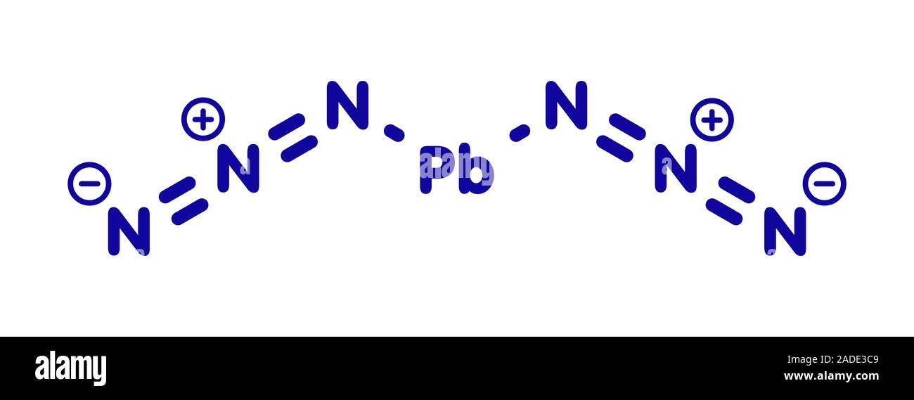 Lead azide detonator explosive molecule. Blue skeletal formula on white