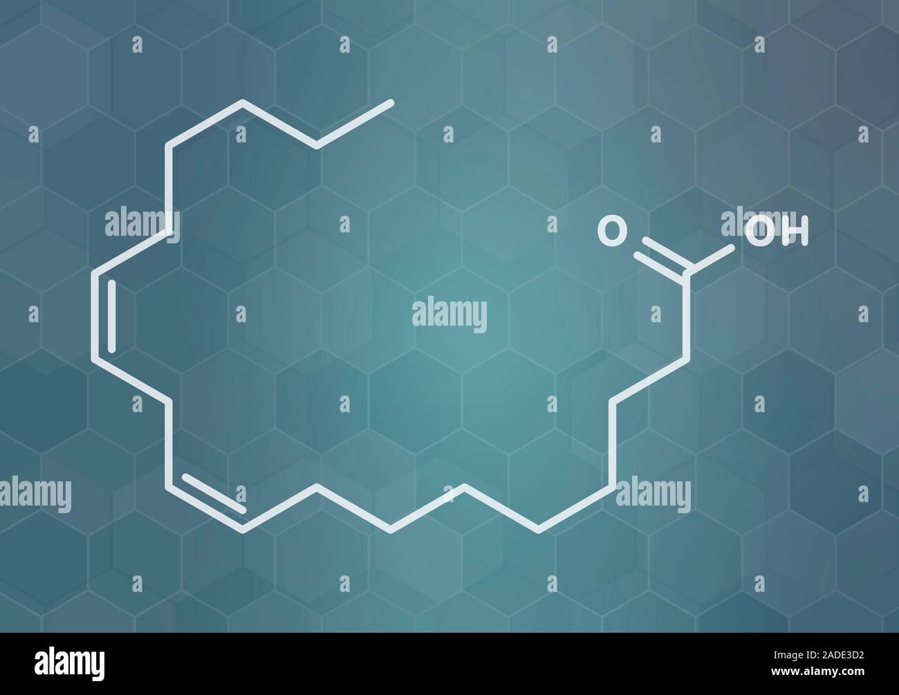 Linoleic acid (LA) molecule. Omega6 polyunsaturated fatty acid. White skeletal formula on dark
