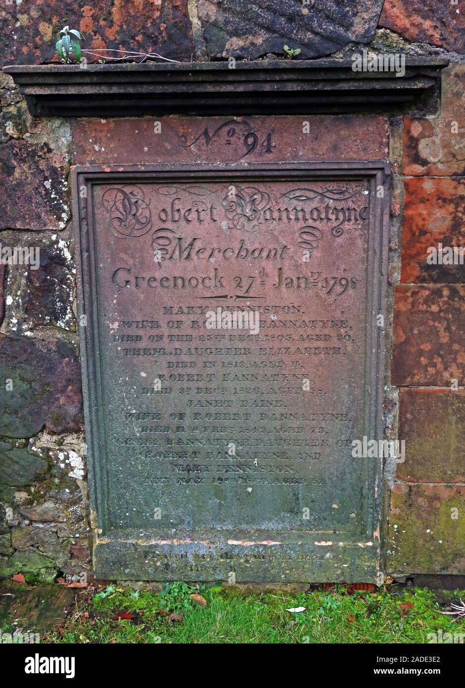 Grave 1791 of Robert Bannatyne, Merchant, Greenock, Inverclyde, Scotland, UK, Inverkip street cemetery Stock Photo