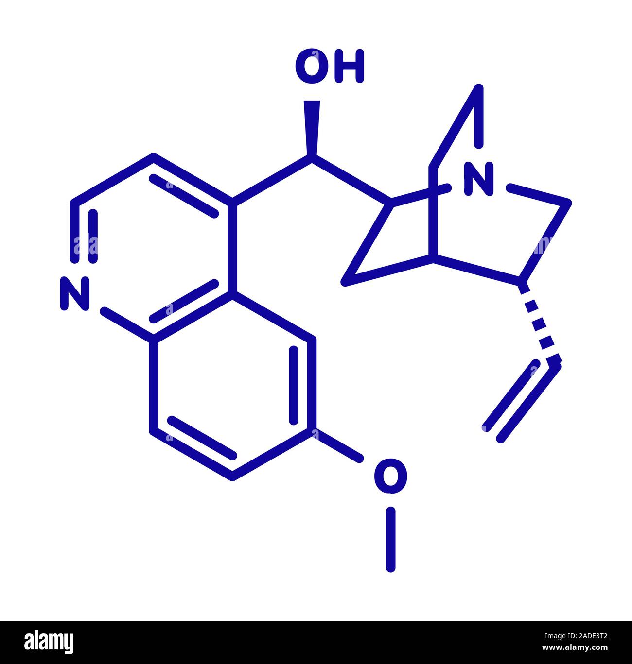 Quinine malaria drug molecule. Isolated from cinchona tree bark. Blue