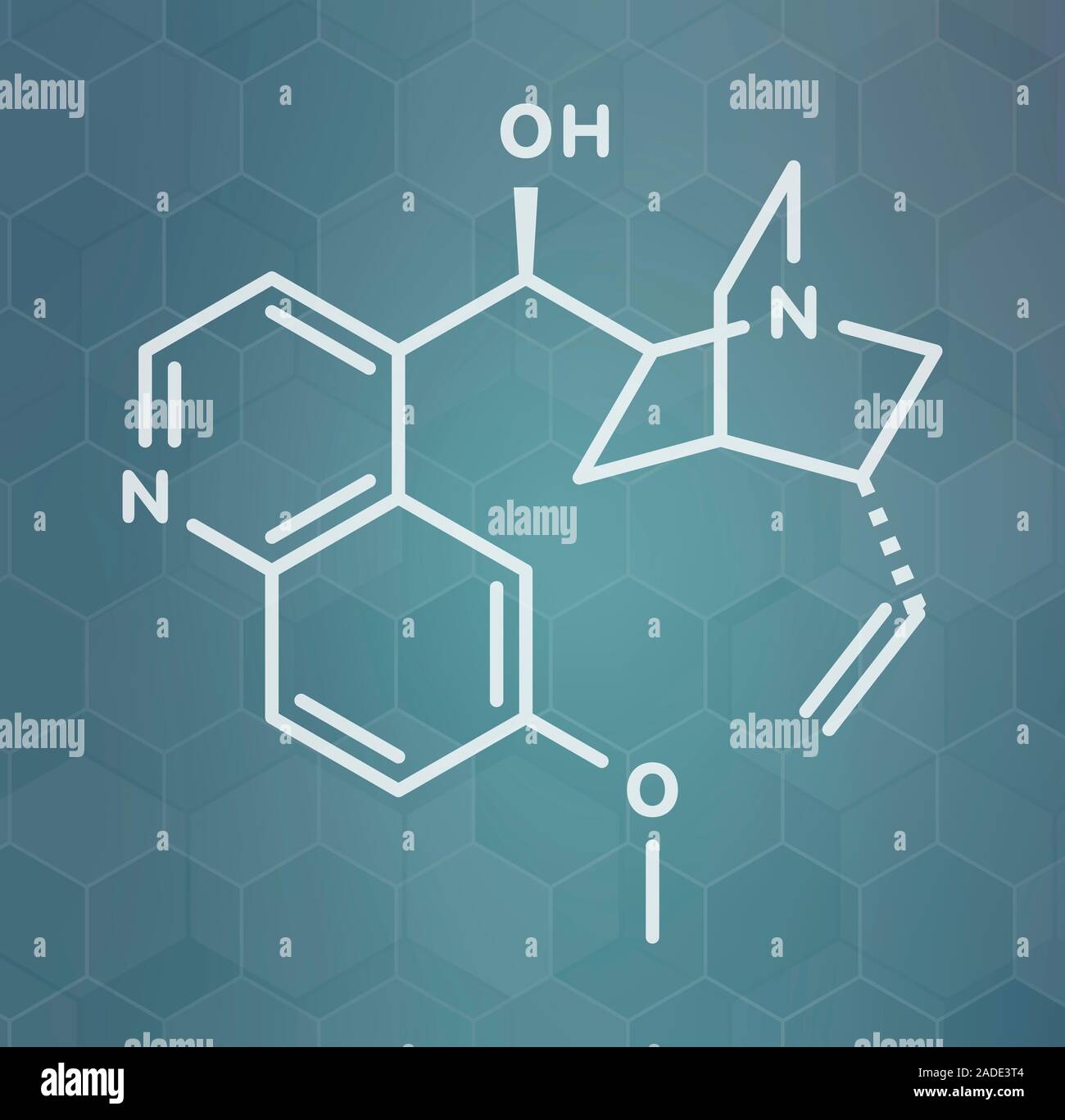 Quinine malaria drug molecule. Isolated from cinchona tree bark. White
