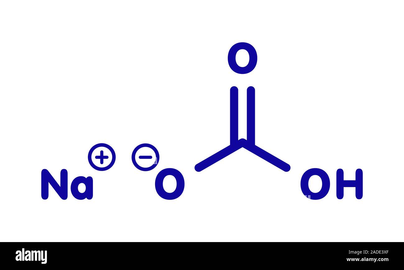 Sodium bicarbonate (baking soda), chemical structure. Blue skeletal