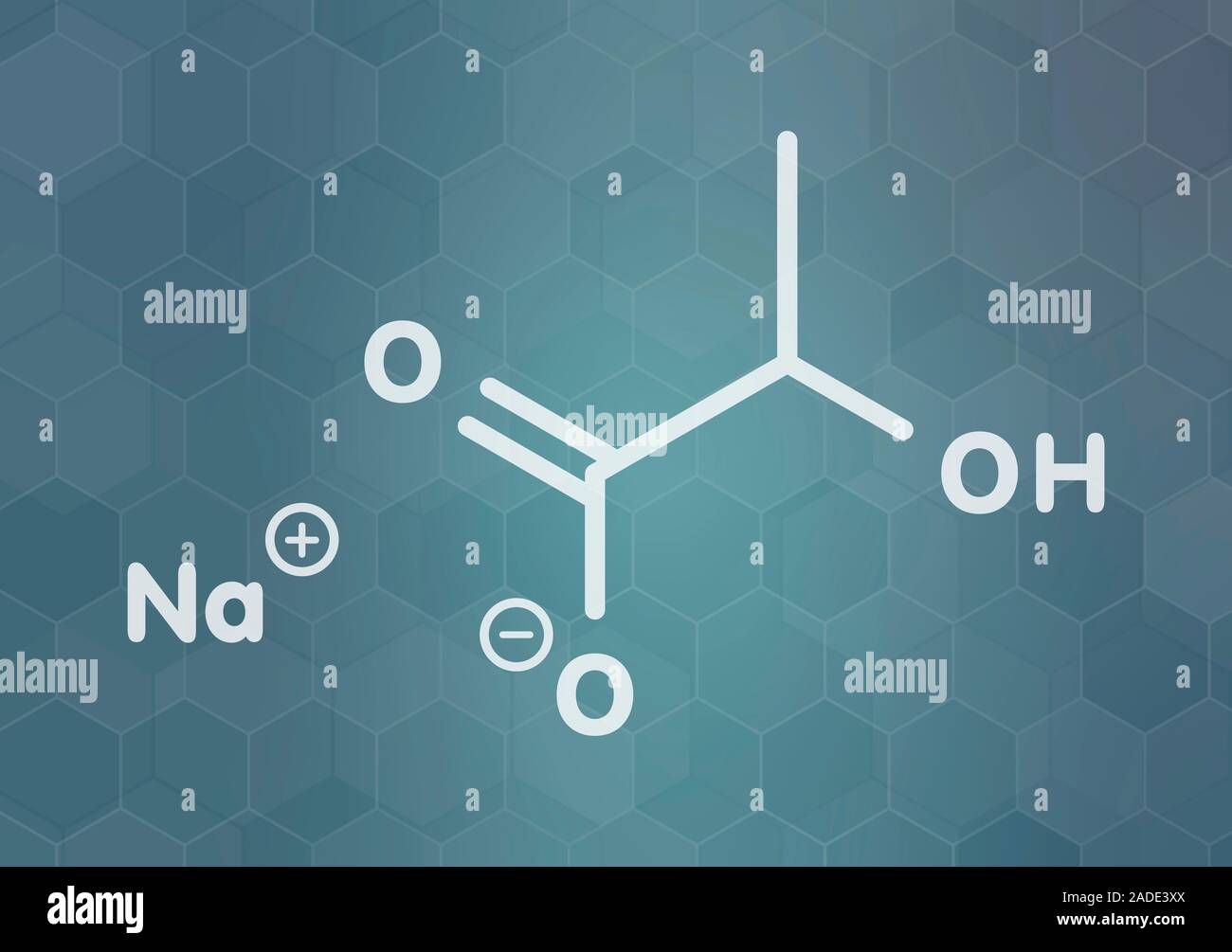 Sodium lactate, chemical structure. White skeletal formula on dark teal