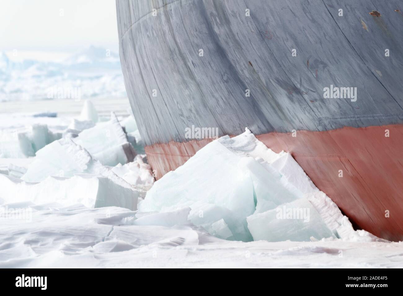 Icebreaker in the Antarctic. Closeup of the hull of the icebreaker Kapitan Khlebnikov breaking