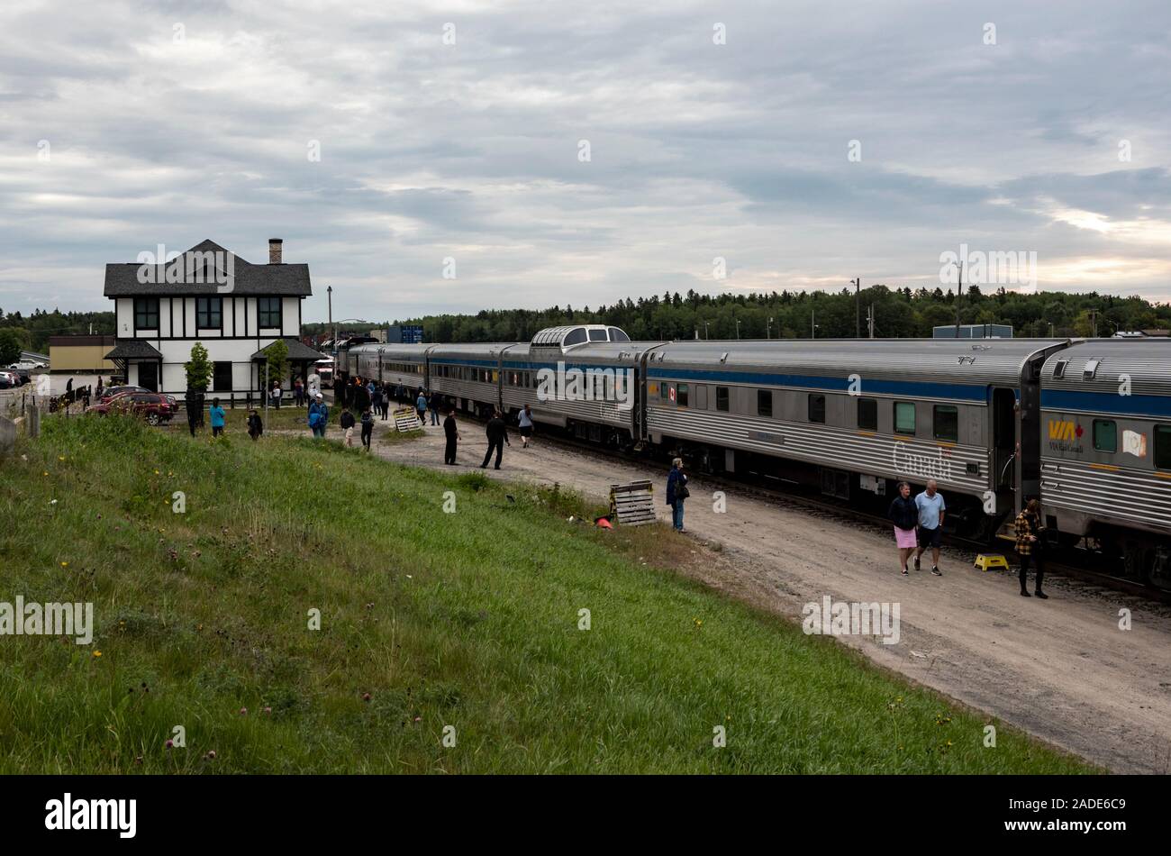 The Canadian, Via Rail’s trans Canada train from Vancouver to Toronto, at Sioux Lookout, a town in north western Ontario, Canada Stock Photo