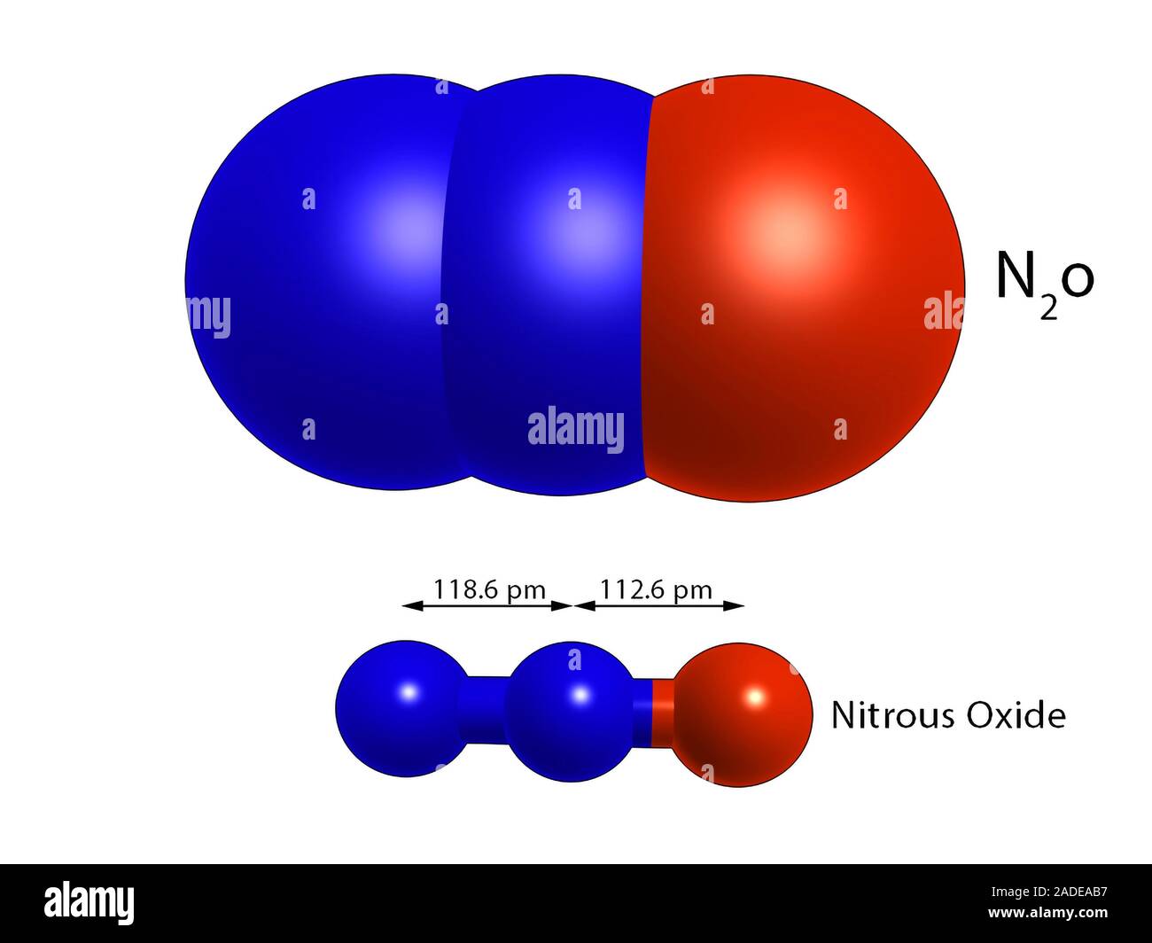 Nitrous oxide, molecular model. The chemical formula is N2O, with