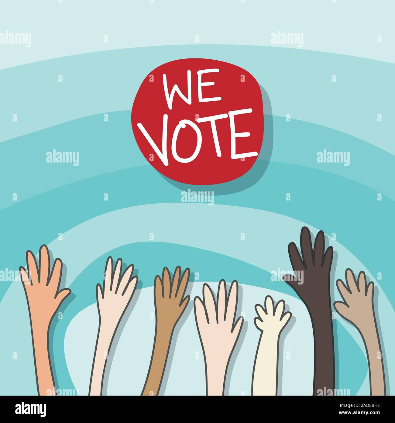 voting concept. drawing cartoon of raising hands for participation, vote isolated on gradient blue background with copy space and text we vote. vector Stock Vector