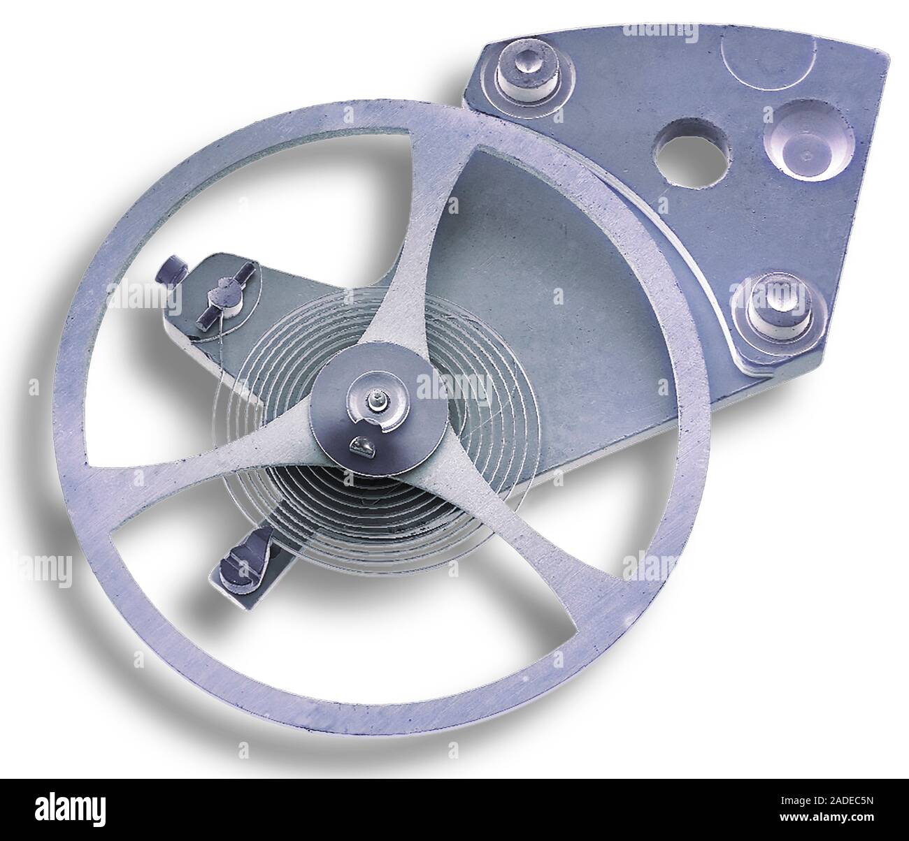 Watch balance wheel. Coloured scanning electron micrograph (SEM). A