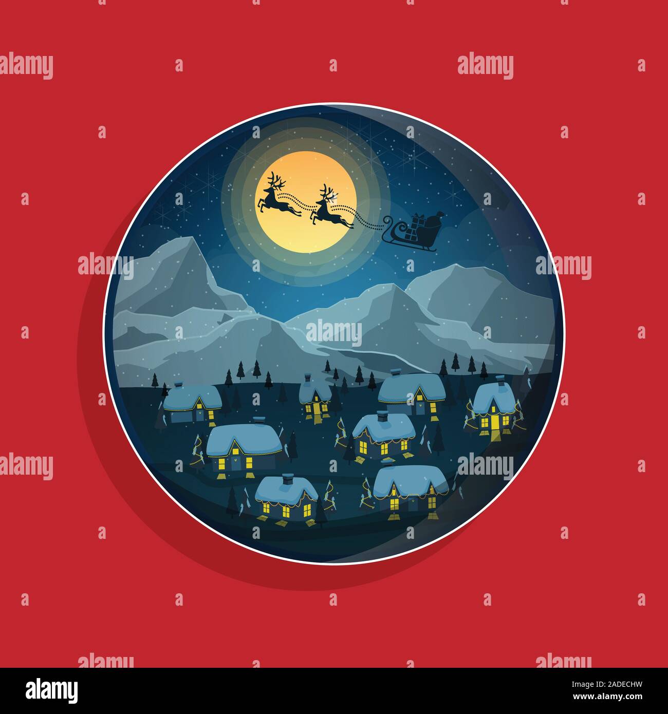 Christmas greeting banner in circle badge. reindeer with sleigh with gift box fly over winter landscape night. vector illustration Stock Vector
