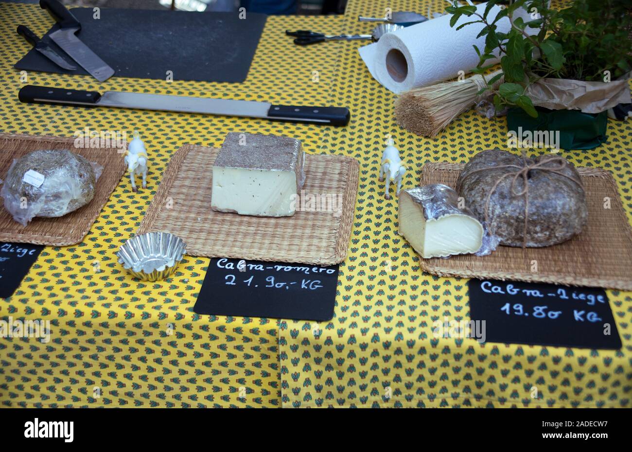 Local cheese specialities at weekly market at Sineu, Mallorca, Balearic islands, Spain Stock Photo