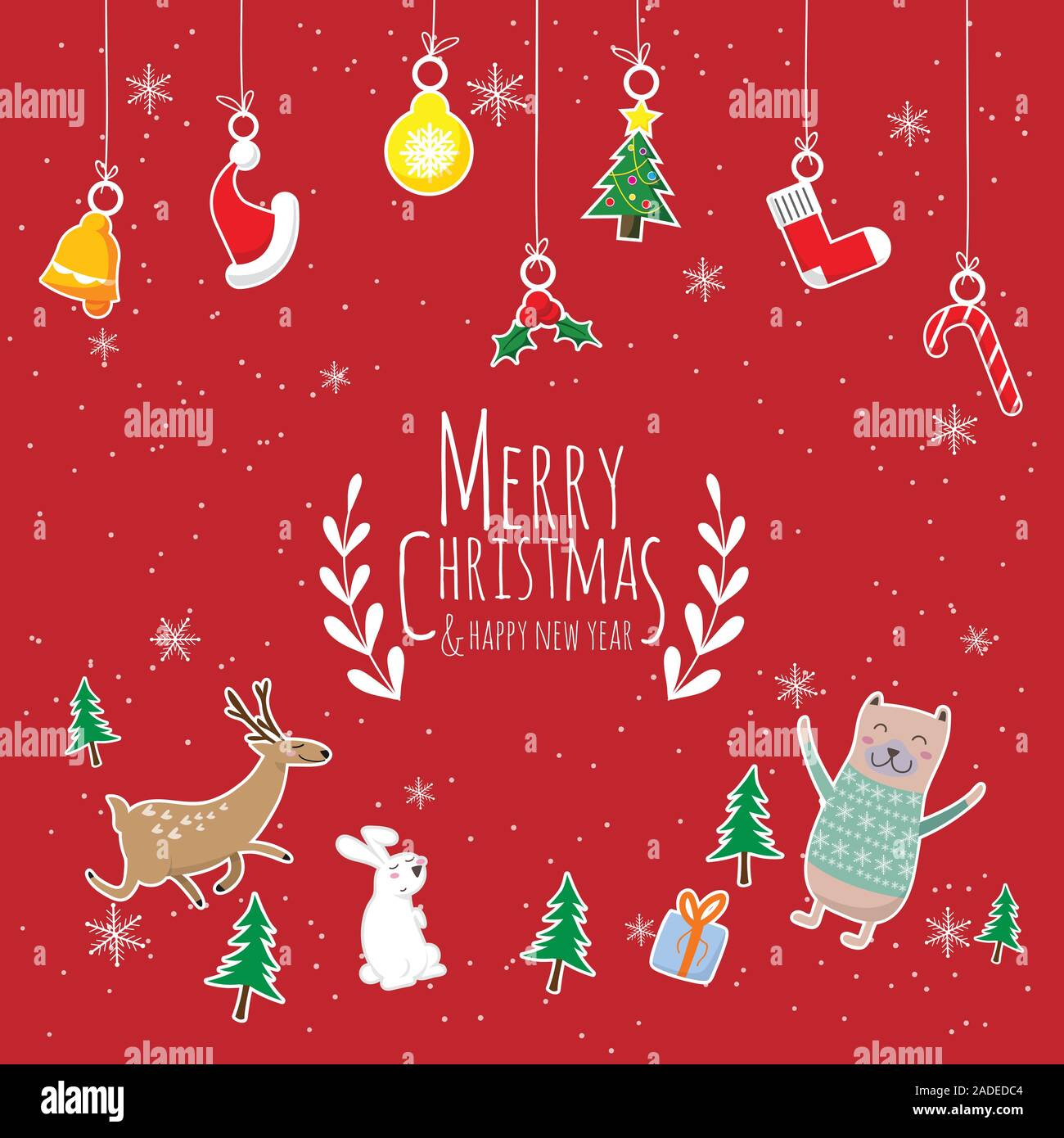 Merry Christmas & Happy New year. cute cartoon of animals character , christmas tree and gift box with text Merry Christmas hanging Christmas ornament Stock Vector