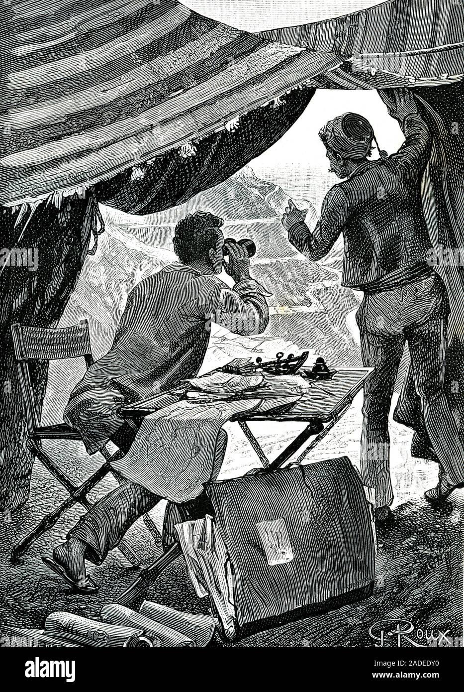 Surveying in Sudan. 19th-century illustration of a scene from a science ...