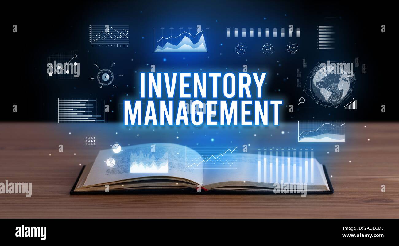 Design Text Inventory Management INVENTORY MANAGEMENT inscription coming out from an open book, creative ...