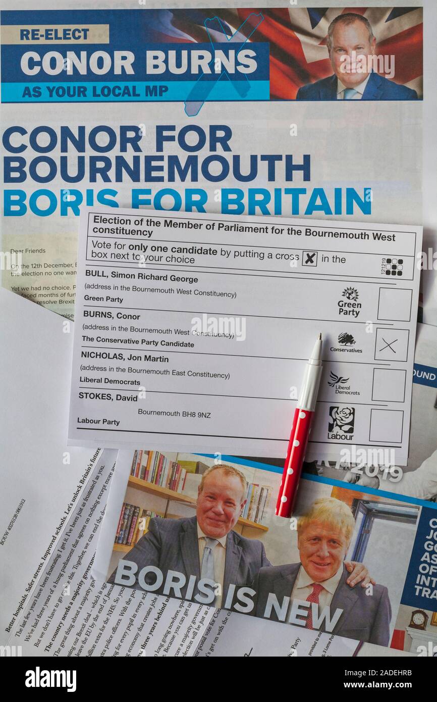 Election propaganda from Conservatives party for forthcoming Parliamentary general Election 2019 with Ballot Paper voted for Conservatives and pen Stock Photo