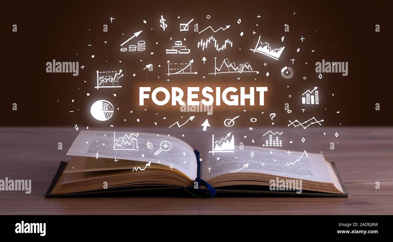 FORESIGHT inscription coming out from an open book, business concept