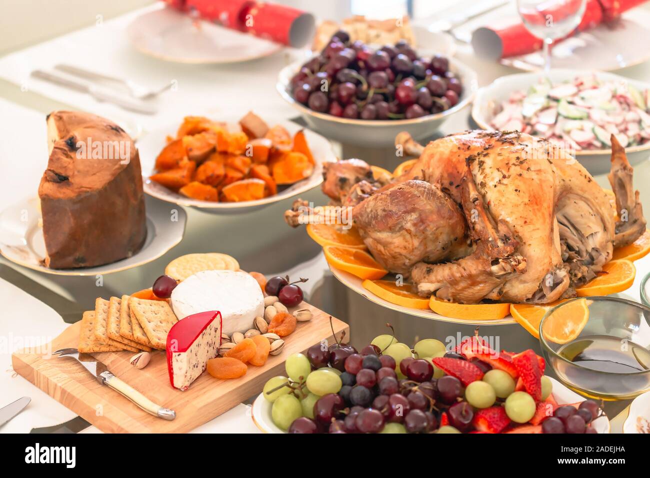 Australian family Christmas dinner table dressing with turkey Stock Photo