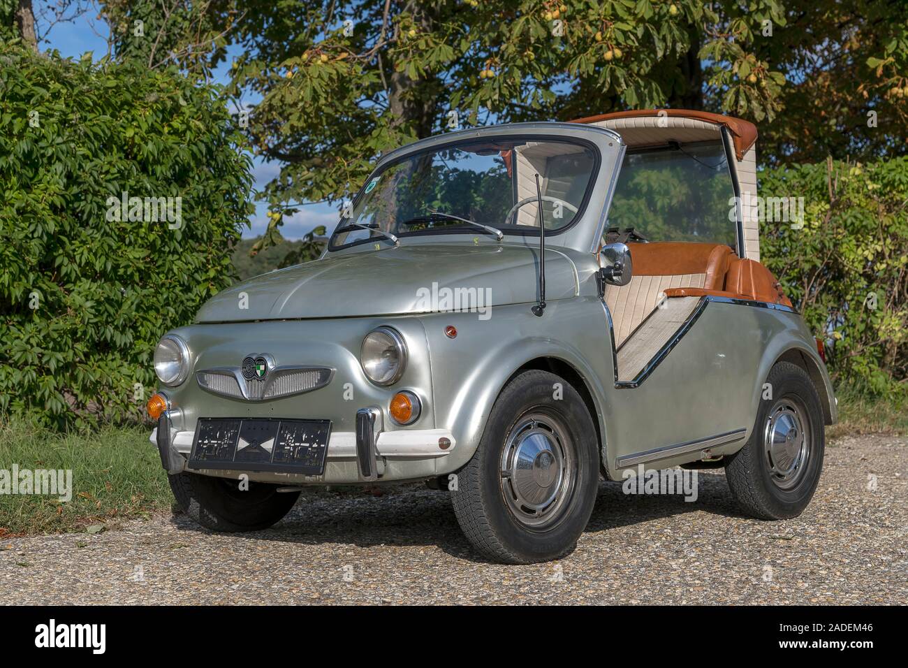Oldtimer Puch 500D, modified Sacher, year of construction 1974, 2 cylinders, capacity 493 ccm, PS 16, 110 km/h, front chestnut tree, Austria Stock Photo