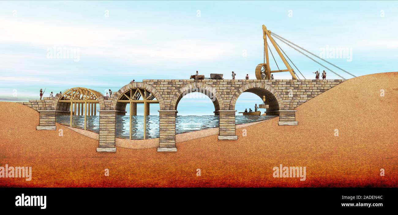 Roman bridge building, illustration. The Romans developed bridge