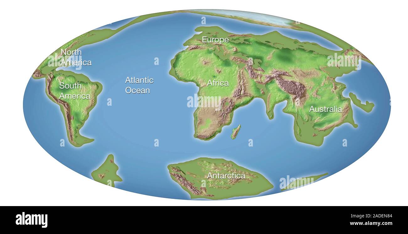 Continental drift after 100 million years. Map of the Earth showing the