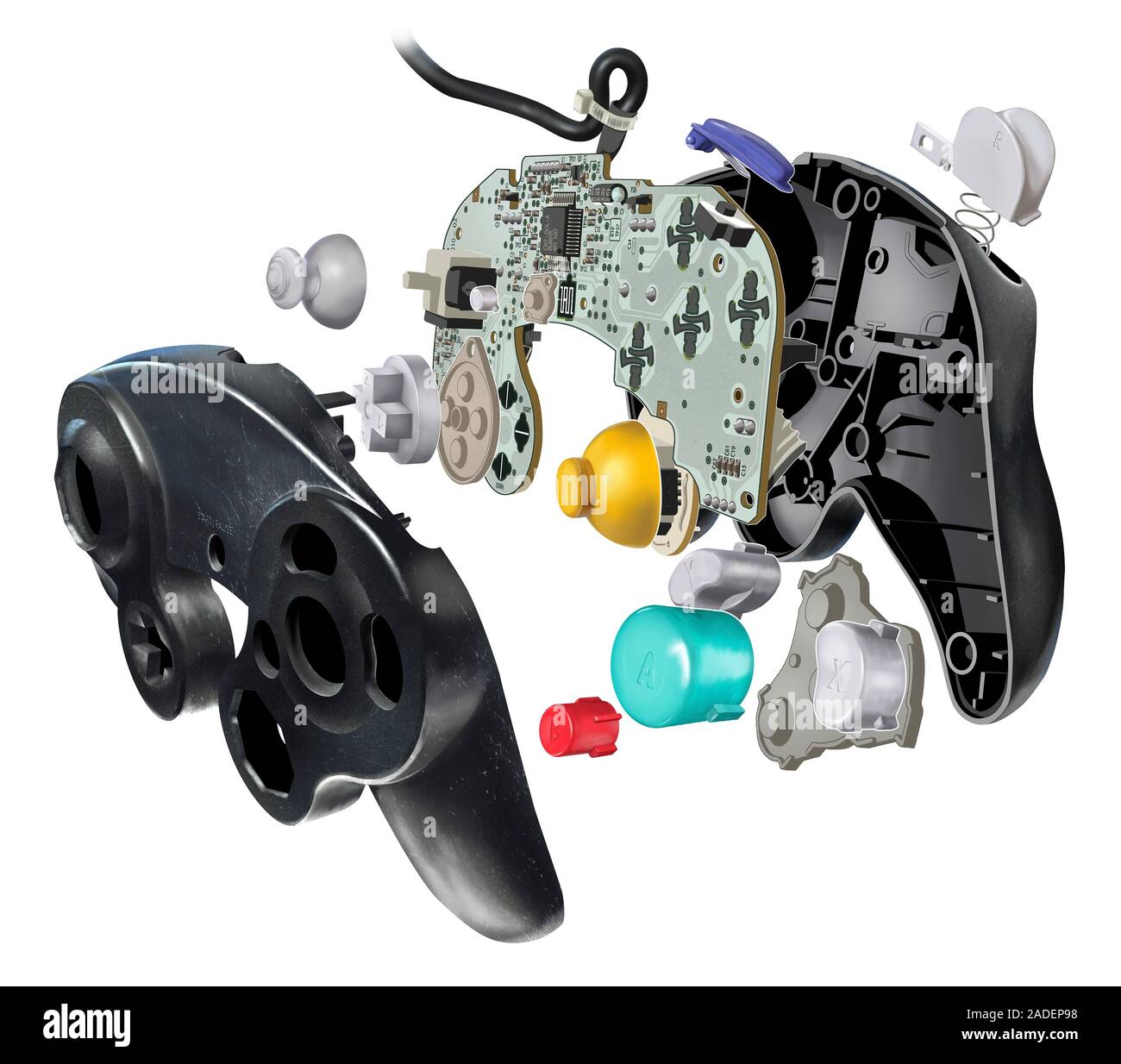 Illustration of a video game controller's interior. Buttons rest on ...