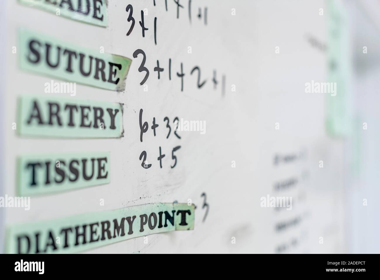 Surgical equipment tracking list on a whiteboard in an operating room