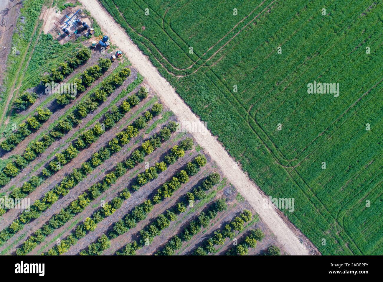 Aerial view of farmland and nature in central Israel along the Yarkon ...