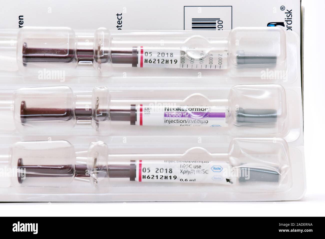 NeoRecormon anaemia drug, in pre-filled syringes for injection. This drug consists of epoetin beta, a recombinant (engineered) form of the hormone ery Stock Photo