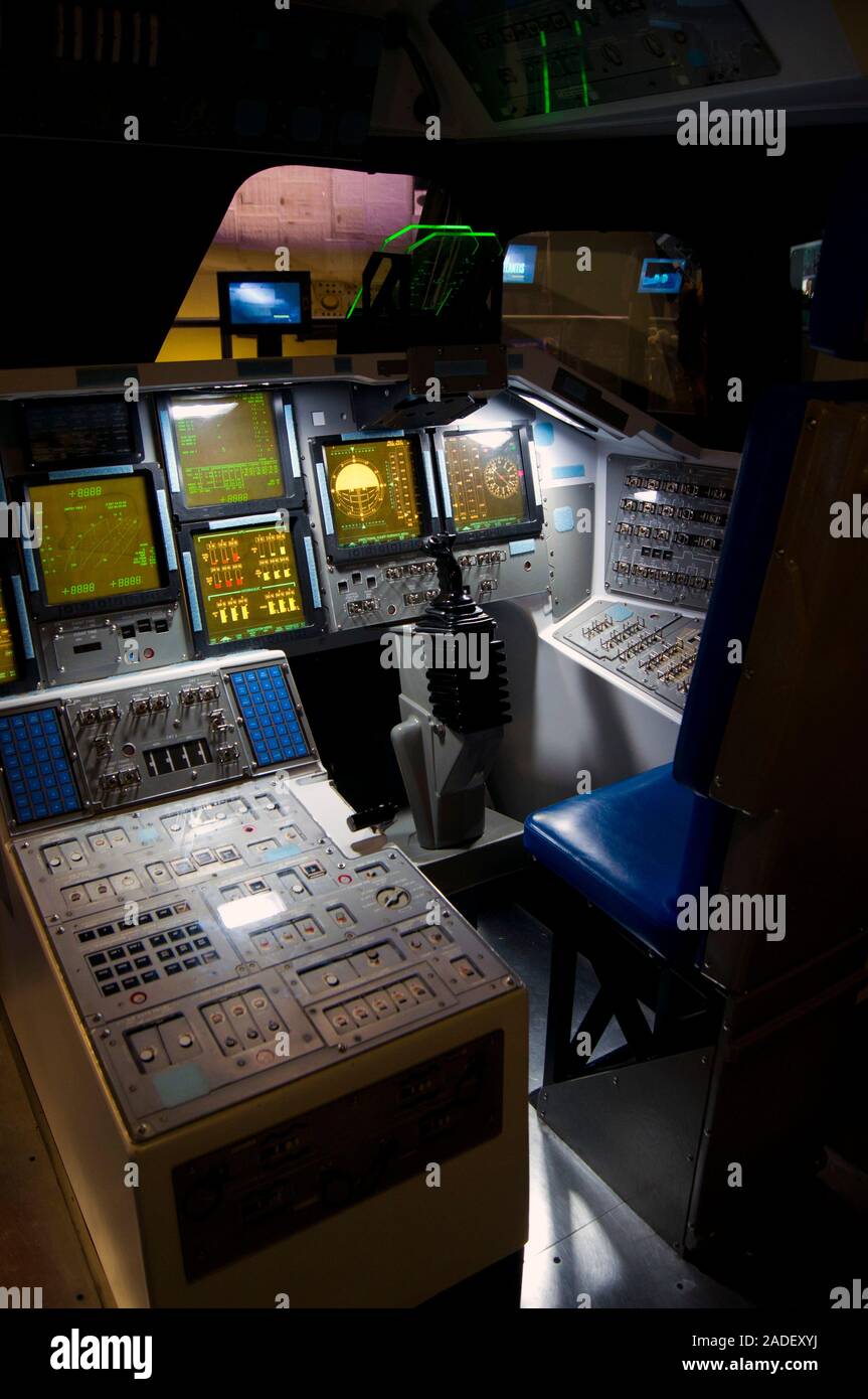 A high-fidelity mock-up of a Space Shuttle cockpit or flight deck on ...