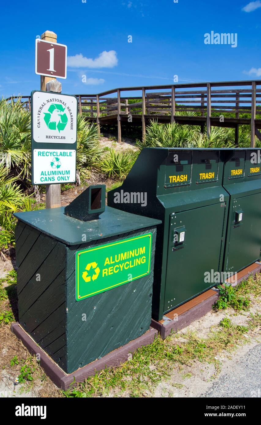 Aluminium (aluminum) recycling bin at a parking lot on Canaveral
