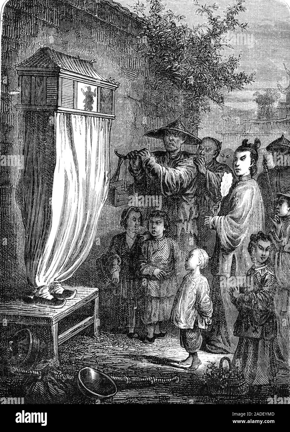Shadow theatre in China, 1880s. 19th-century illustration of a shadow ...