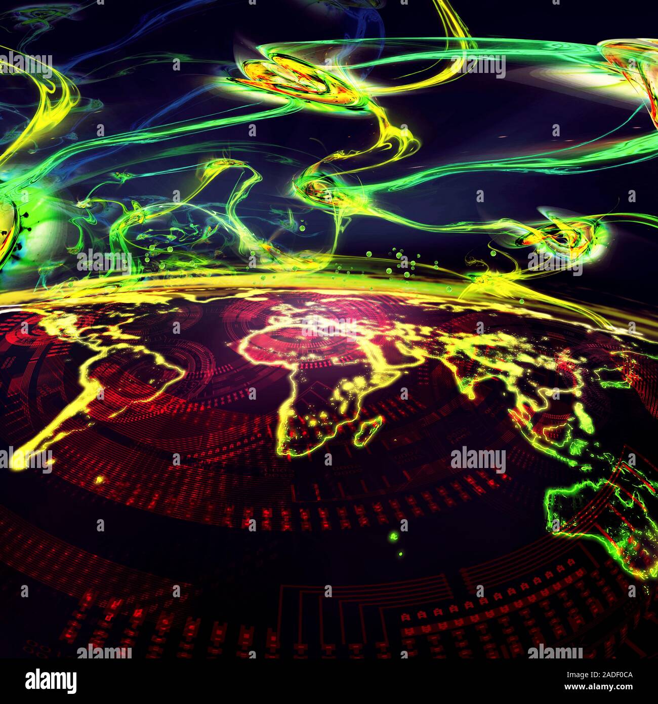 Quantum internet, conceptual image. Quantum imagery surrounding an Earth globe, representing information transmission based on quantum effects. Quantu Stock Photo