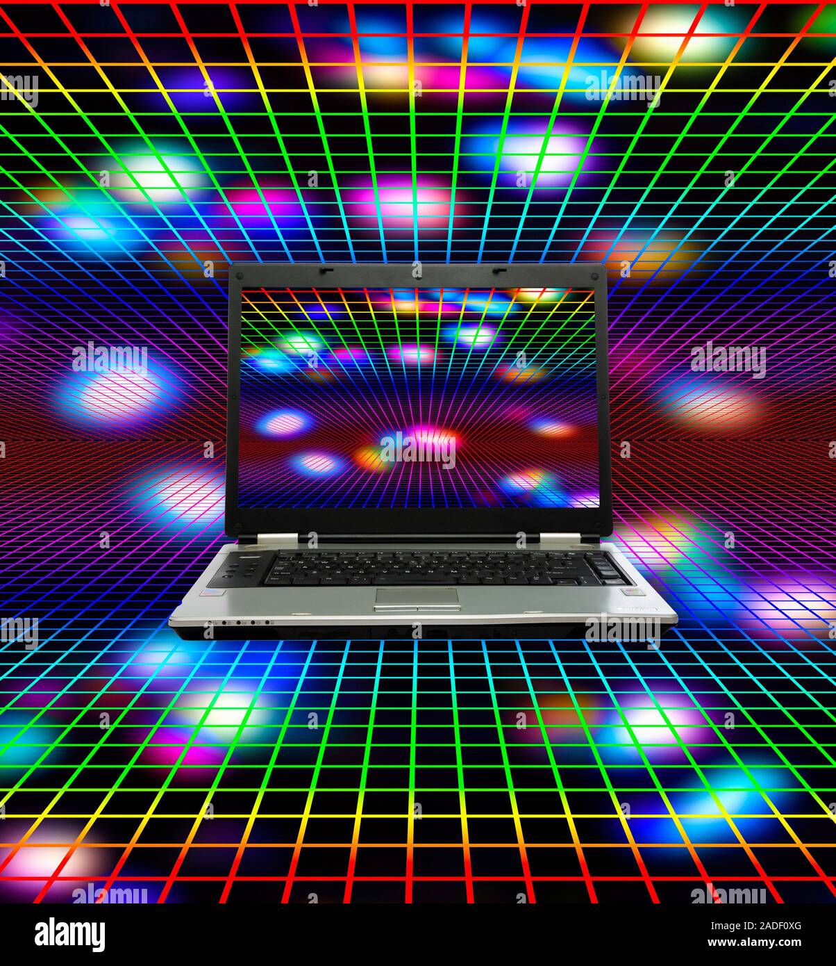 Laptop and grid with coloured lights, composite image. Stock Photo