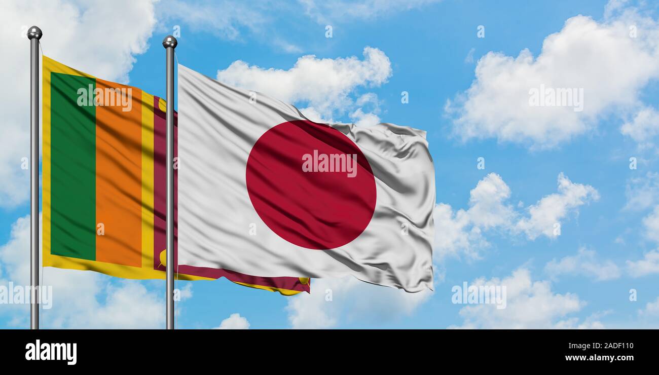 Sri Lanka and Japan flag waving in the wind against white cloudy blue