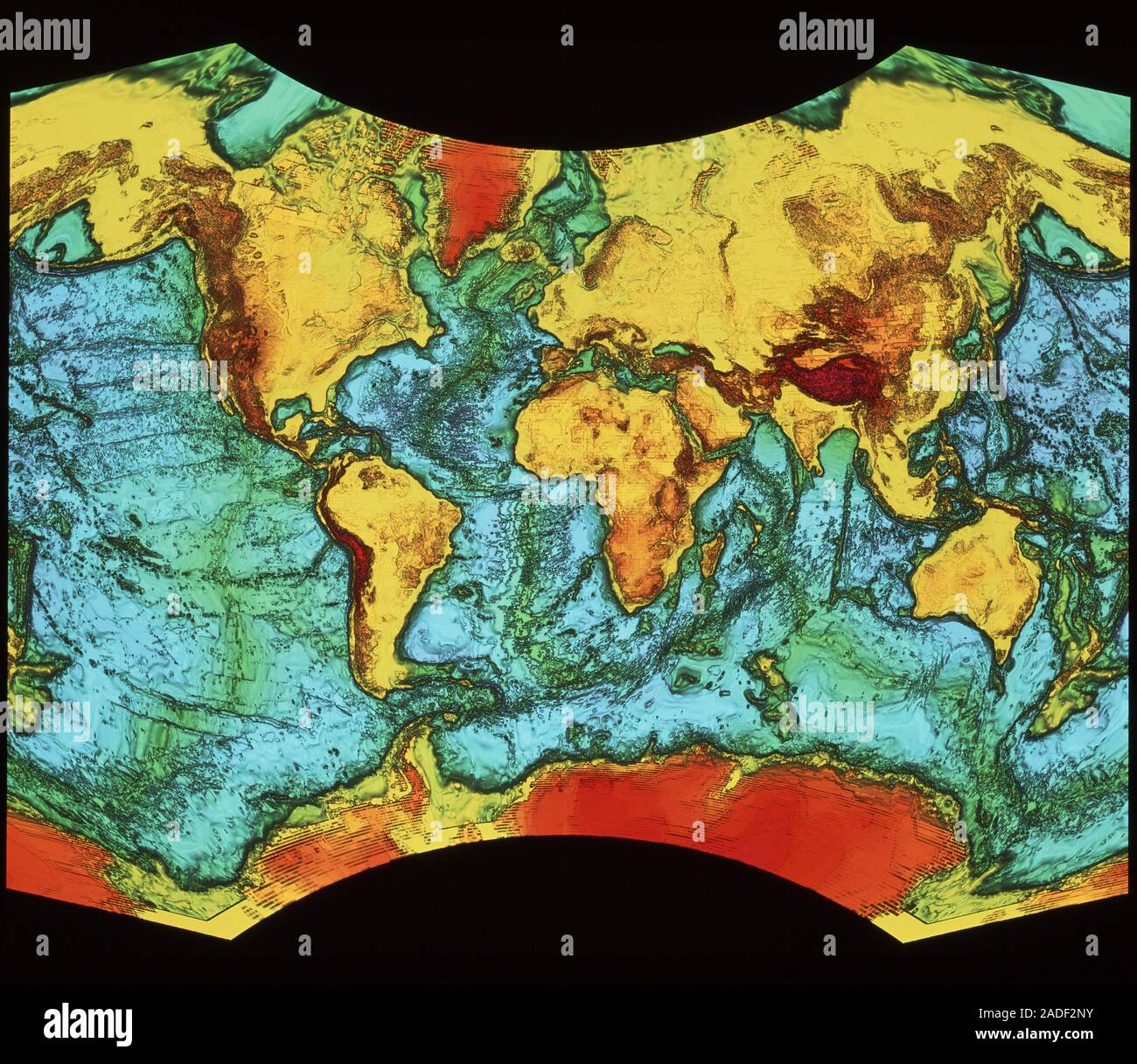 Global topography. In this view, land masses and associated continental