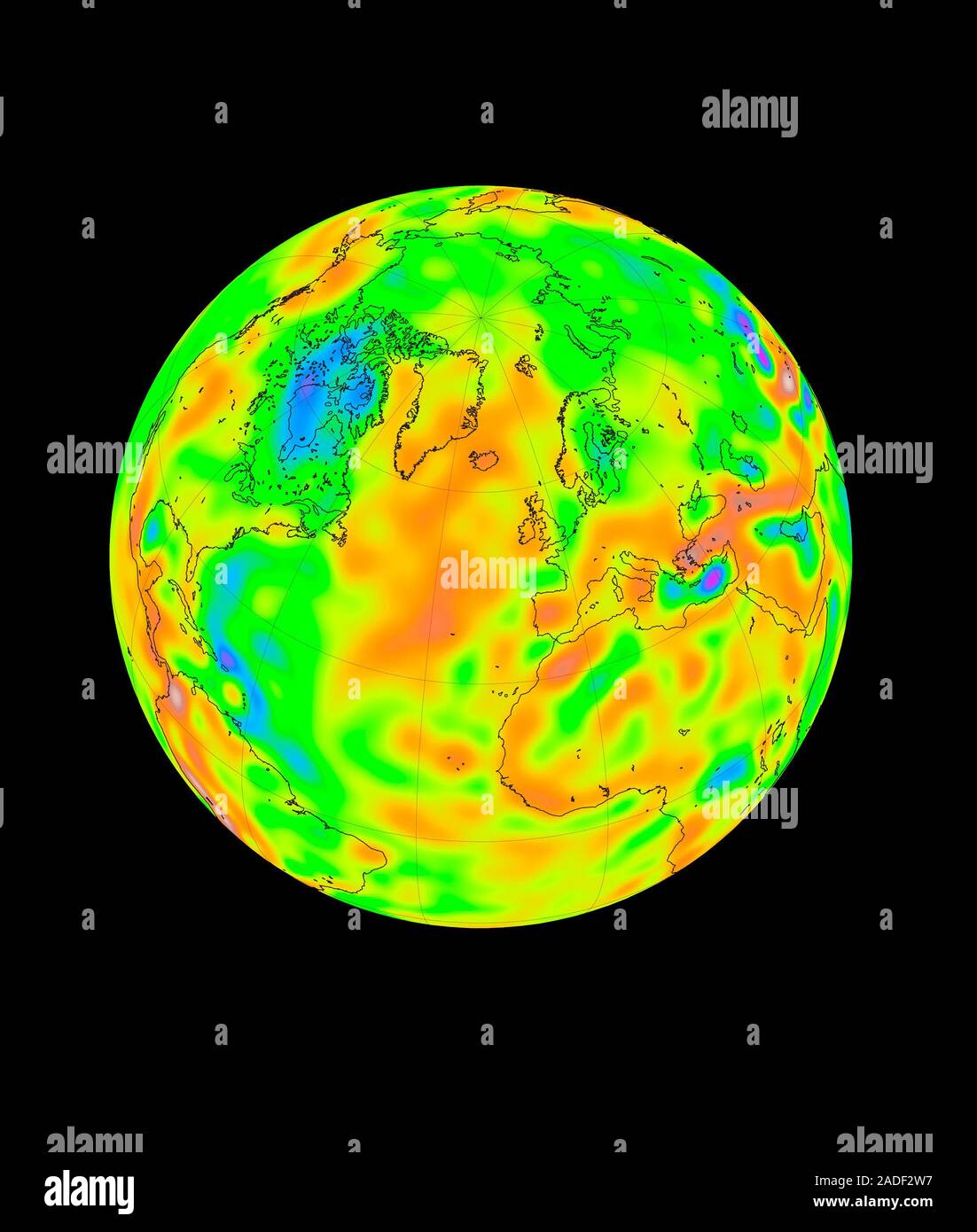 Gravity anomalies. Coloured freeair gravity anom aly map of the Earth