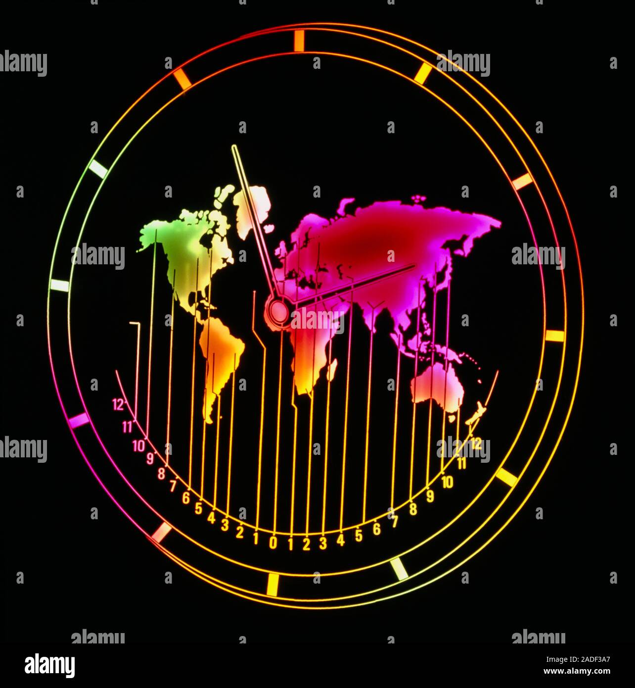 Earth's time zones are displayed in this abstract image of a map of