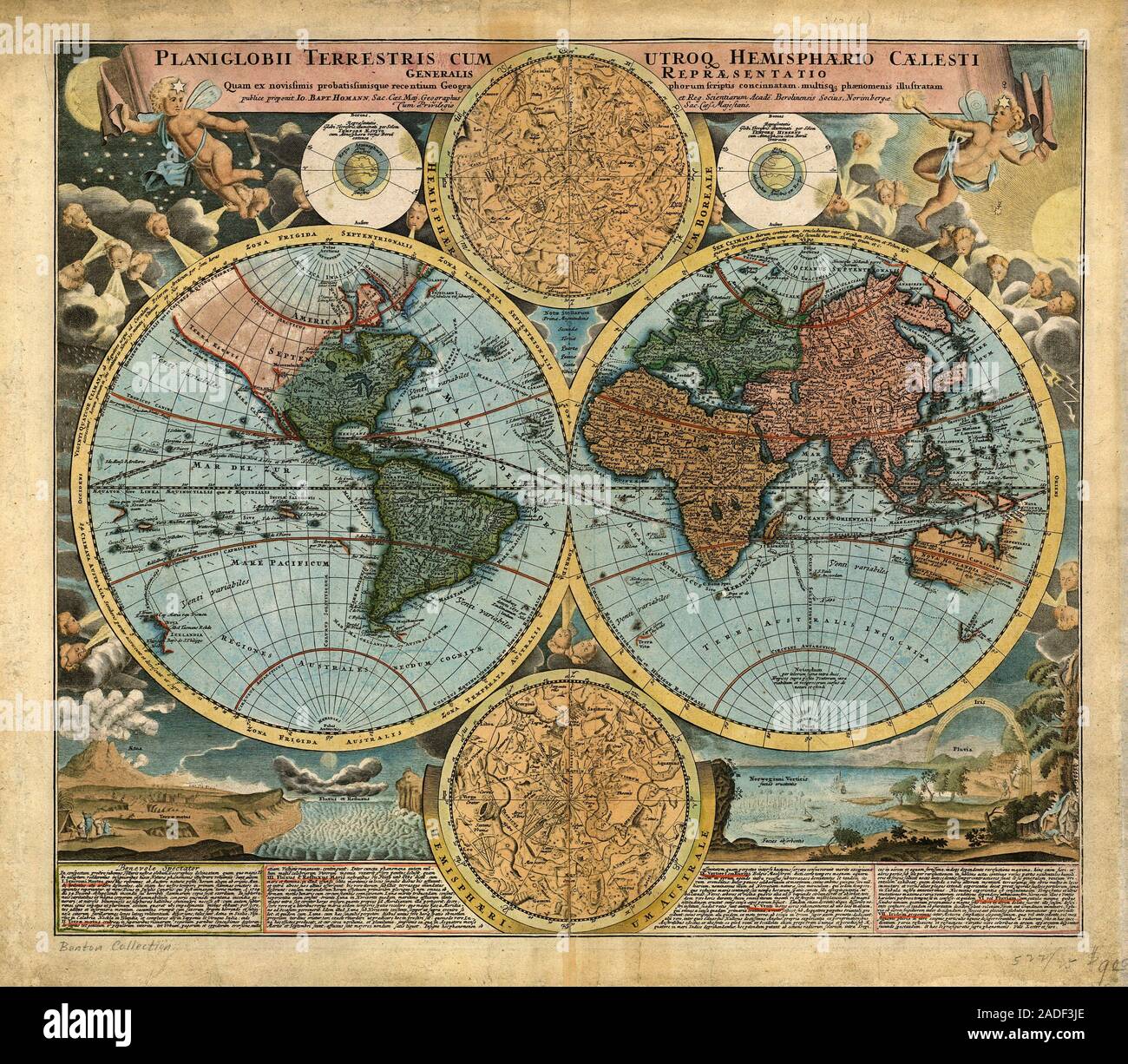 World map. 18th century German map showing the Old (right) and New