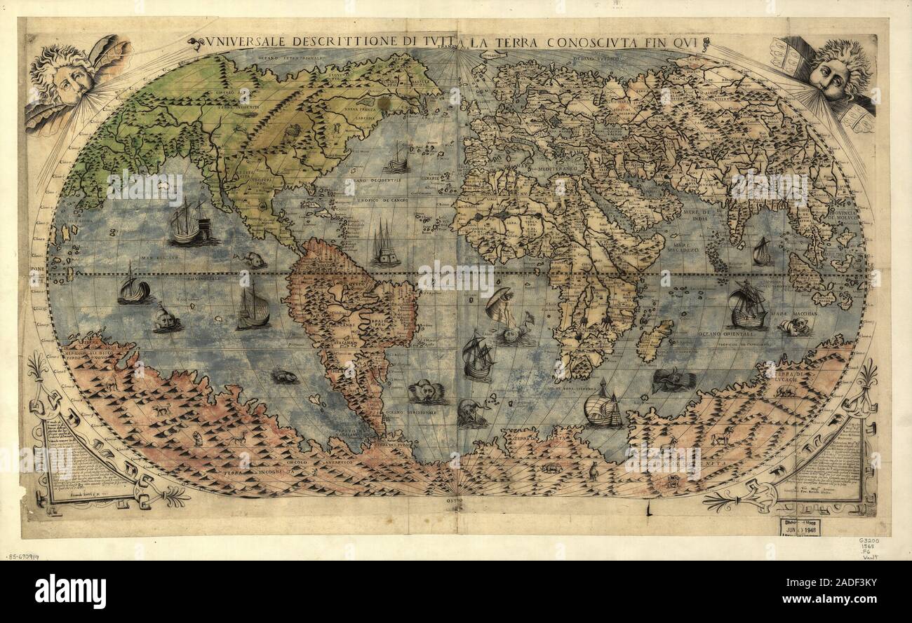 World map, published around 1565 in Venice, Italy, by Italian mapmaker ...