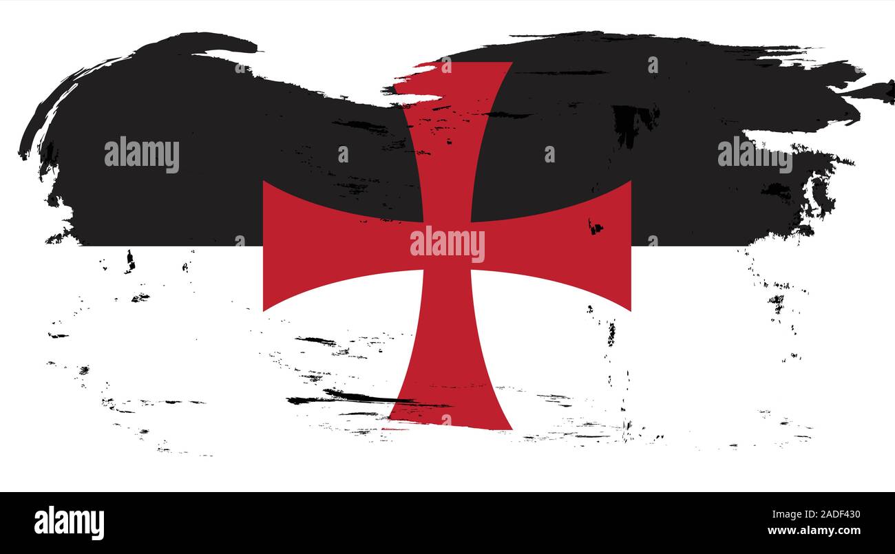 The Crusaders Knights Templar battle flag standard flag of a black and white background with the Saint Georges cross central with heavy grunge Stock Vector