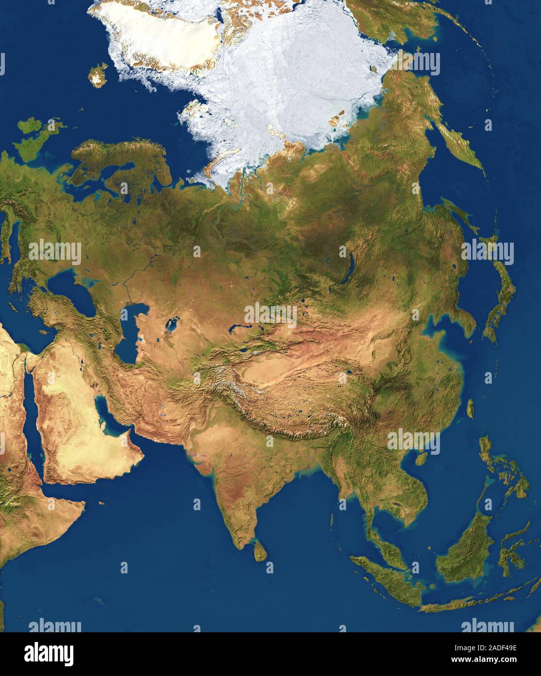 Eurasia, satellite image. The North Pole is at top in the Arctic ice ...