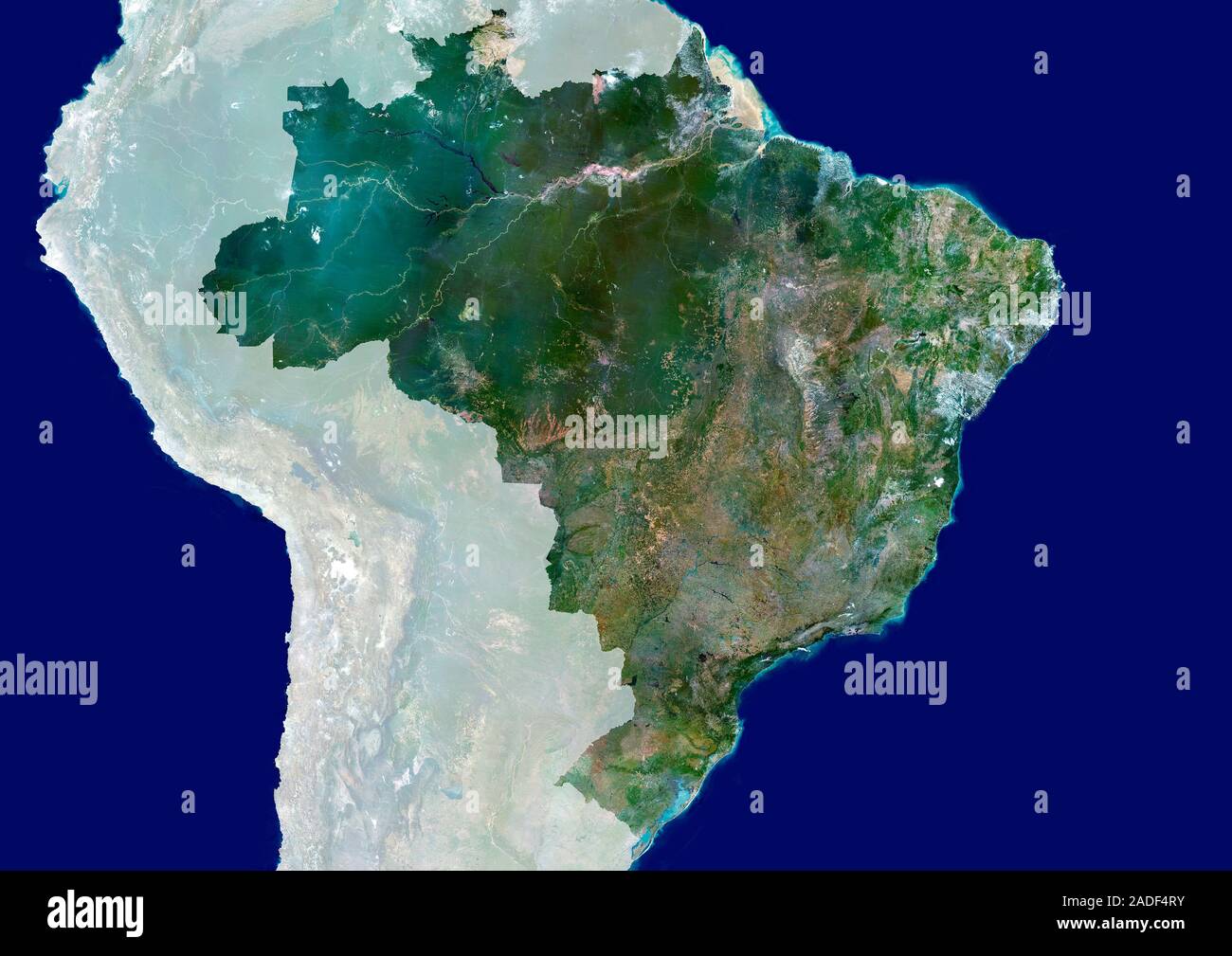 Brazil, satellite image. North is at top. Brazil is the largest country in South America. It