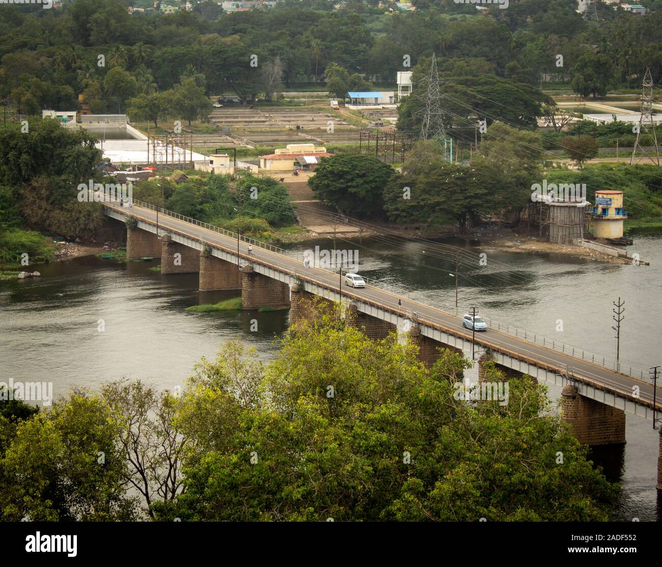 Bridge across the canal with water released from Mettur Dam for irrigation and drinking purposes. Stock Photo