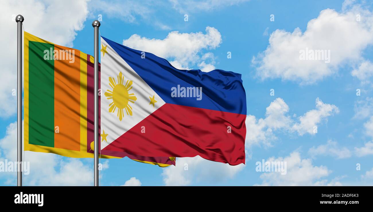 Sri Lanka and Philippines flag waving in the wind against white cloudy ...