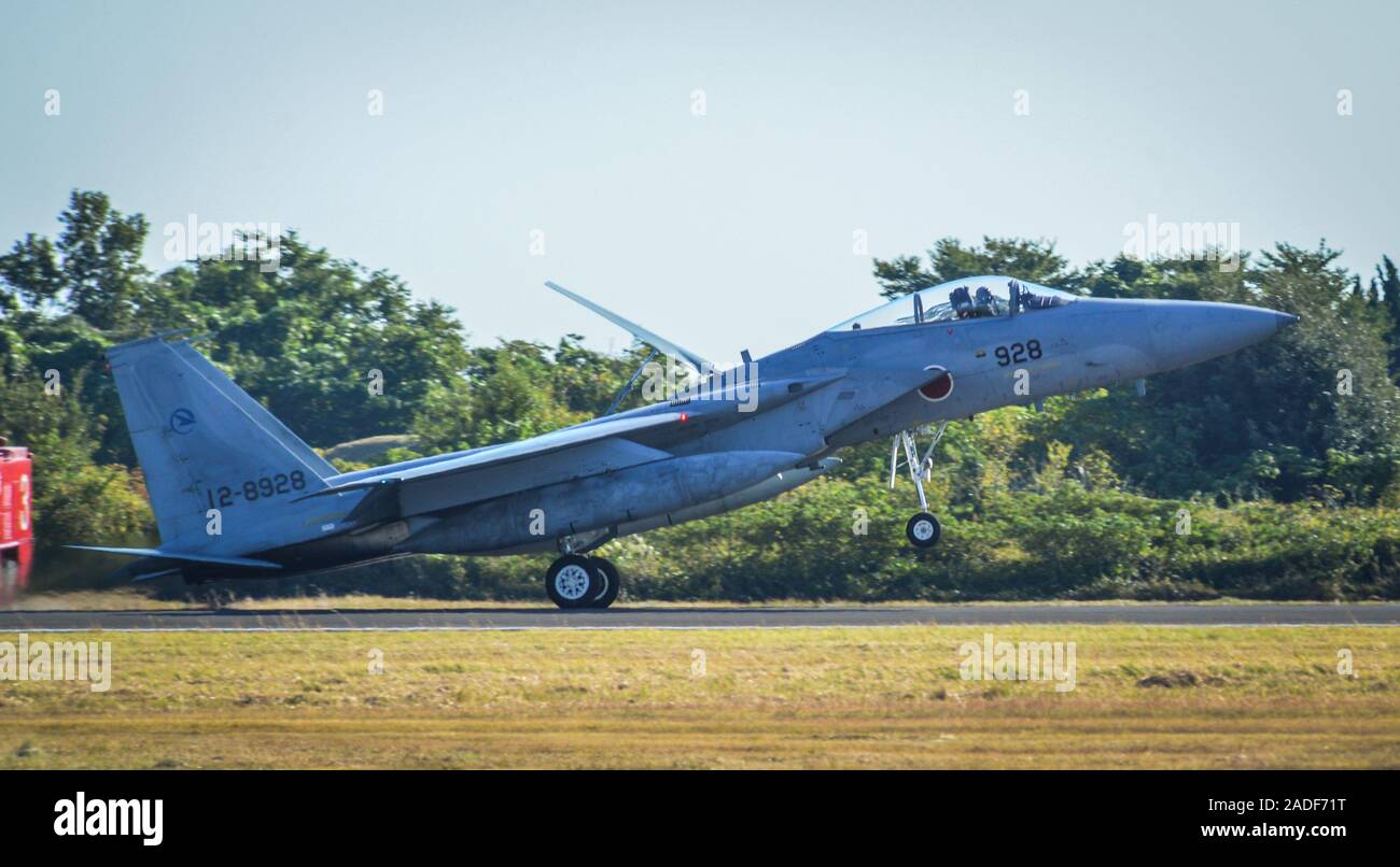 Gifu, Japan - Nov 10, 2019. Japan Air Self-Defence Force (JASDF) McDonnell Douglas F-15J Eagle taxiing on runway of Gifu Air Base (RJNG). Stock Photo