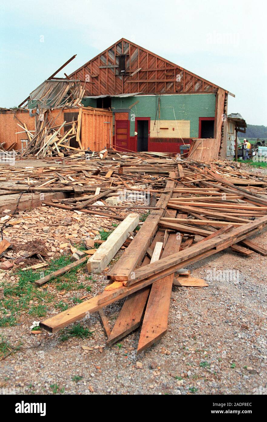 Tornado damage. School destroyed by a tornado or twister. A tornado is